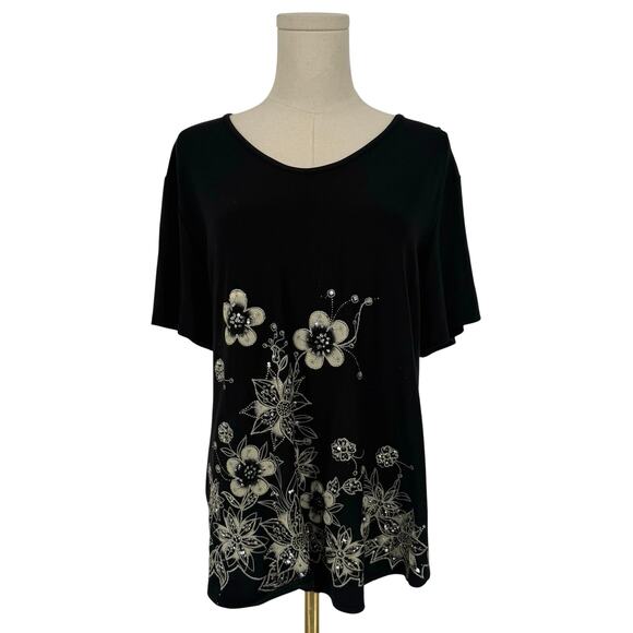 Y2K Vintage Rhinestone Floral Embellished Short Sleeve Top XXL Boho Made in USA - Picture 1 of 6